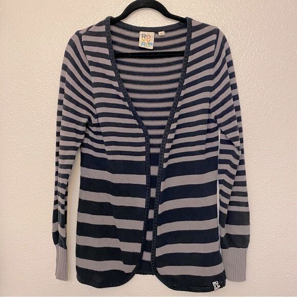 Roxy gray black stripe sweater open front cardigan 100% cotton-XL - Picture 1 of 9
